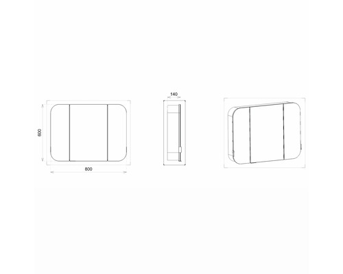 Technický výkres zrkadlovej skrinky s rozmermi
