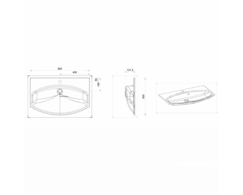 Technický výkres umývadla s rozmermi.