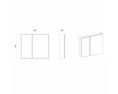 Technický výkres zrkadlovej skrinky s rozmermi 800 x 700 x 150 mm.