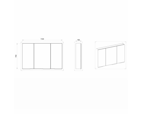 Technický nákres zrkadlovej skrinky s rozmermi