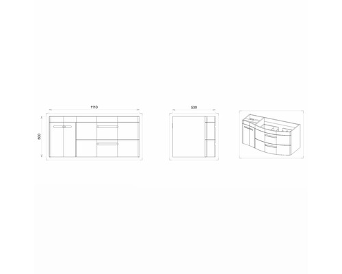 Technický nákres skrinky pod umývadlo s rozmermi.