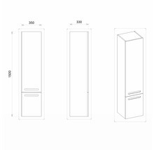 Technický výkres vysokej skrinky s rozmermi 350 x 330 x 1500 mm