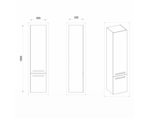 Technický nákres vysokej kúpeľňovej skrinky s rozmermi 350 x 330 x 1500 mm.