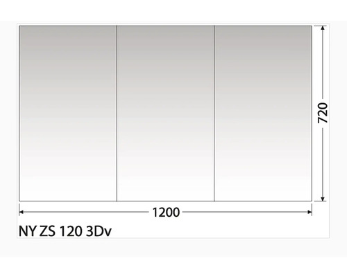 Výkres zrkadlovej skrinky s rozmermi 1200 x 720 milimetrov.