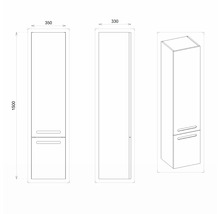 Technický nákres vysokej skrine s rozmermi 350 x 330 x 1500 milimetrov.