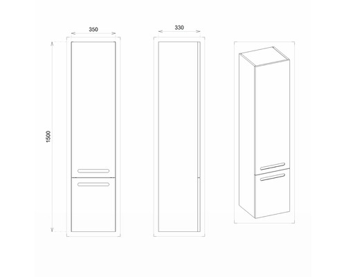 Technický nákres vysokej skrinky s rozmermi 1500 x 350 x 330 milimetrov