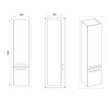 Technický nákres kúpeľňovej skrinky s rozmermi 350 x 330 x 1500 mm.