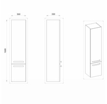 Technický nákres kúpeľňovej vysokej skrinky s rozmermi.