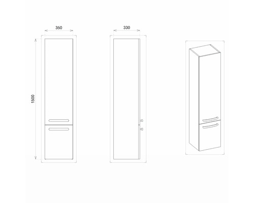 Technický nákres kúpeľňovej vysokej skrinky s rozmermi.