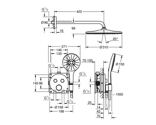 Technický nákres sprchového systému s rozmermi