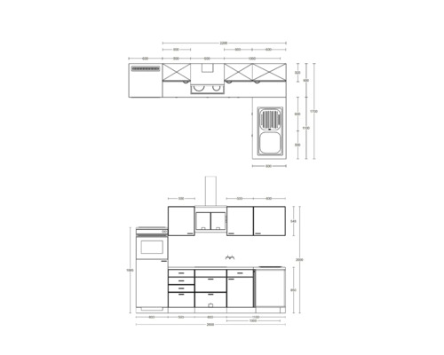 Rozvrhnutie kuchyne s rozmermi v milimetroch