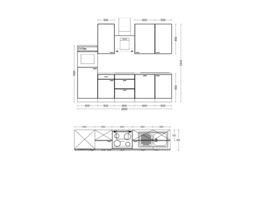 Nákres kuchynskej linky s rozmermi