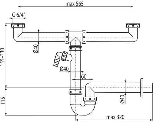 Technický nákres sifónu s rozmermi