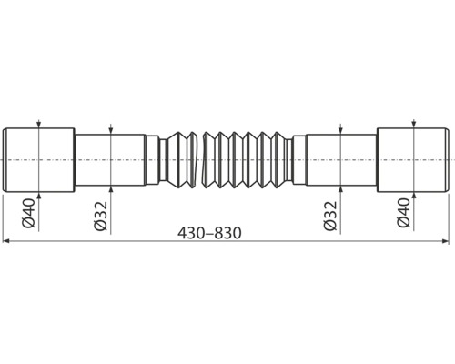 Technický výkres vlnitej rúry s rozmermi priemeru 32 a 40 milimetrov, dĺžka 430 až 830 milimetrov