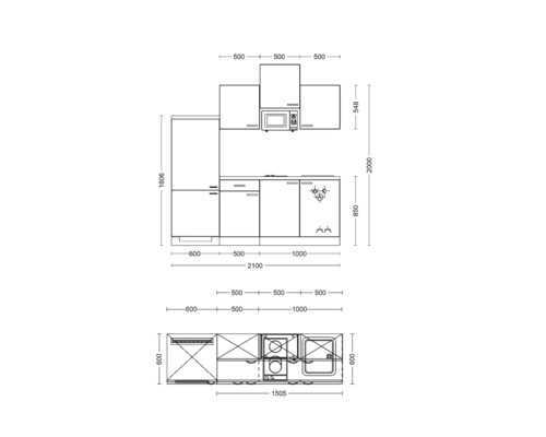 Plán kuchyne s rozmermi pre plánovanie kuchyne