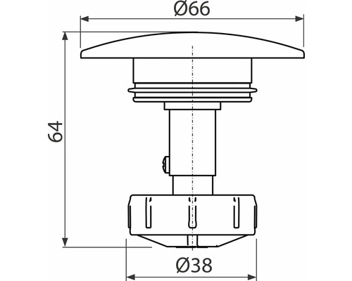Technický nákres výpustného ventilu s rozmermi 66 milimetrov a priemerom 38 milimetrov a výškou 64 milimetrov.