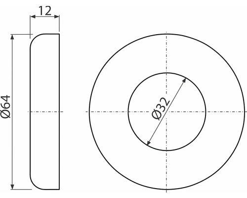Technický nákres podložky s rozmermi 64 mm vonkajší priemer, 32 mm vnútorný priemer a 12 mm hrúbka
