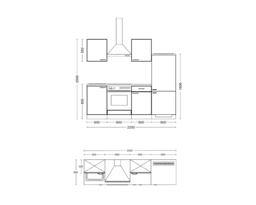 Plán kuchyne s rozmermi pre plánovanie kuchyne