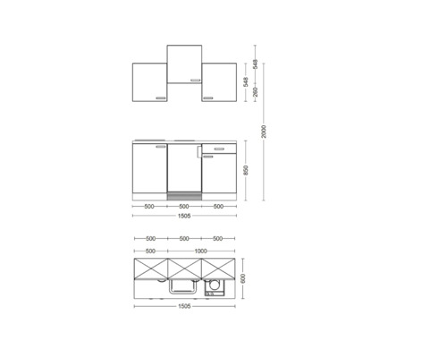 Technický výkres kuchynskej linky s rozmermi