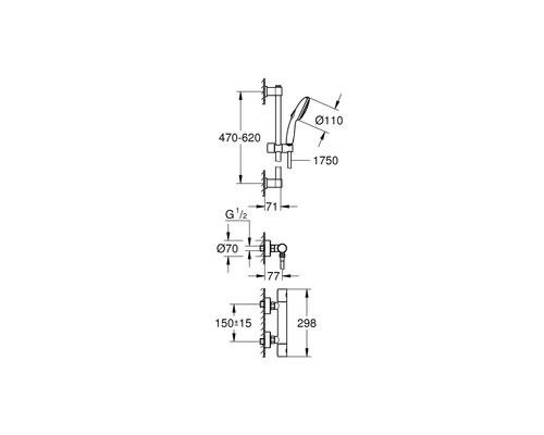 Technický nákres sprchového setu s rozmermi
