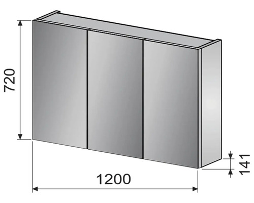 Obrázok zrkadlovej skrinky s rozmermi 720 x 1200 x 141 milimetrov.
