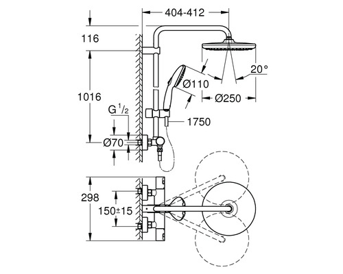 Technický nákres sprchovej armatúry s rozmermi