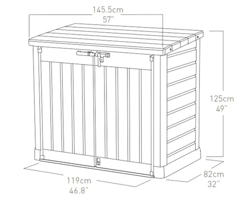 Obrysový nákres záhradného boxu s rozmermi
