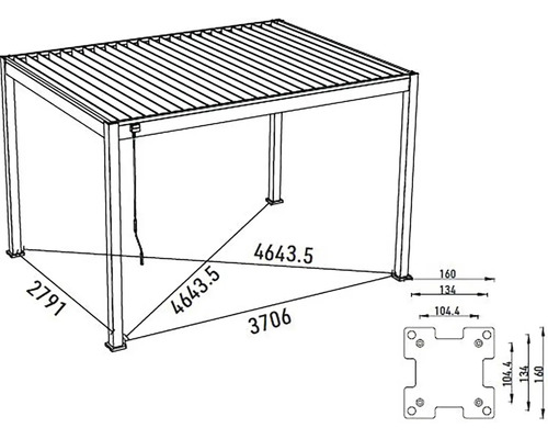 Nákres voľne stojacej pergoly s rozmermi