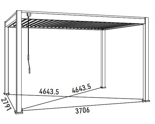 Technický nákres pergoly s údajmi o šírke, výške a dĺžke