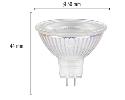 Žiarovka MR16 s priemerom 50 mm a výškou 44 mm.