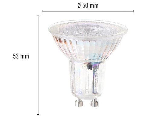 Žiarovka GU10 s rozmermi 50 milimetrov v priemere a 53 milimetrov na dĺžku