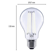 Obrázok čírej LED žiarovky s päticou E27 a rozmermi 118 mm výška a 67 mm priemer.