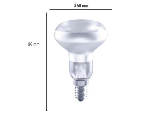 Reflektorová žiarovka s rozmermi 86 mm výška a 50 mm priemer.