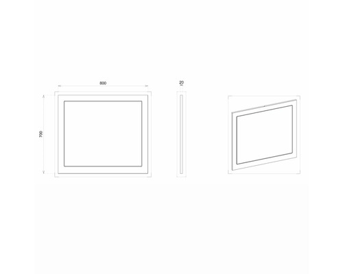 Technický výkres zrkadla s rozmermi 800 x 700 x 20 mm.