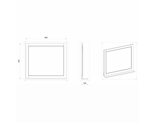 Technický nákres zrkadla s rozmermi 800 x 700 x 120 mm.