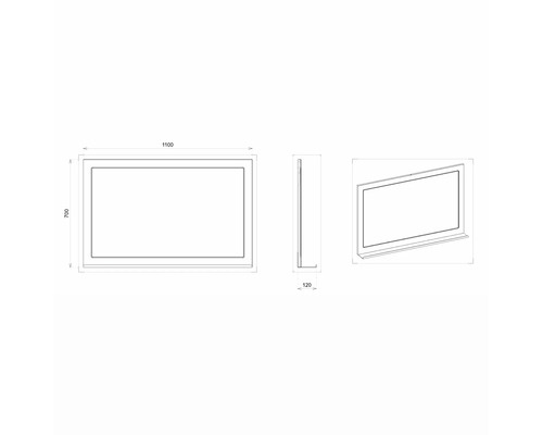 Technický nákres zrkadla s poličkou a rozmermi 1100 x 700 x 120 mm.