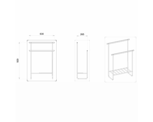 Technický nákres voľne stojaceho vešiaka na uteráky s rozmermi