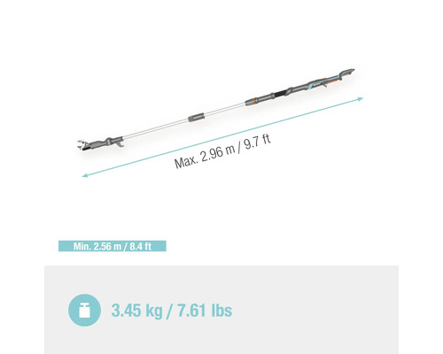 Vysokotlakový prerezávač s teleskopickou rukoväťou s maximálnou dĺžkou 2,96 metra a hmotnosťou 3,45 kilogramu.