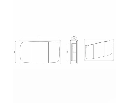 Technický výkres zrkadlovej skrinky s rozmermi