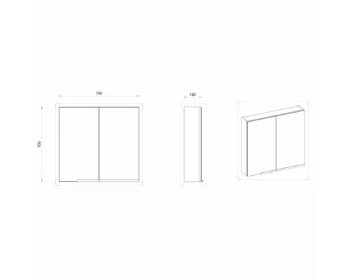 Technický nákres zrkadlovej skrinky s rozmermi 750 x 700 x 160 mm