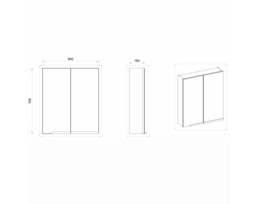 Technický výkres zrkadlovej skrinky s rozmermi 600 x 700 x 160 mm