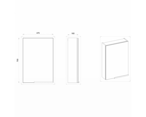 Technický nákres kúpeľňovej skrinky s rozmermi 475 x 700 x 160 mm