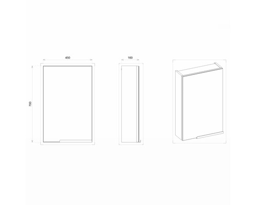 Technický nákres nástennej skrinky s rozmermi 450 x 700 x 160 milimetrov.