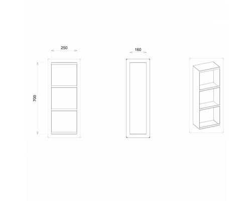 Technický nákres regálu s tromi priehradkami a rozmermi.