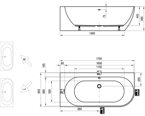Technický nákres vane s rozmermi