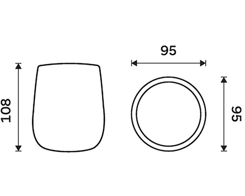 Technický nákres šálky s rozmermi: výška 108 mm, priemer 95 mm