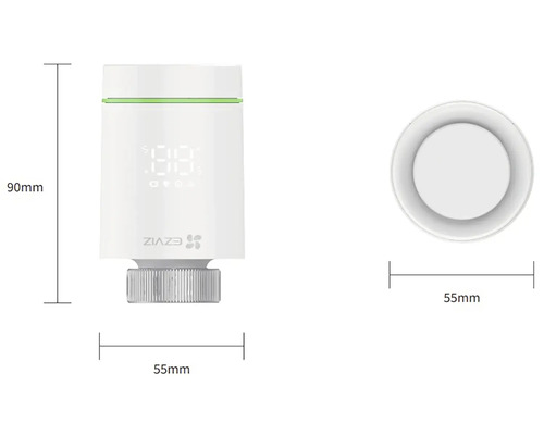 Obrázok radiátorového termostatu s rozmermi 90 x 55 mm.