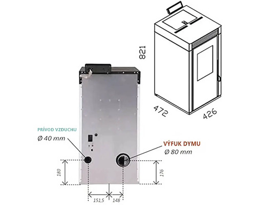 Rozmery peletových kachlí s prívodom vzduchu 40 milimetrov a odvodom dymu 80 milimetrov