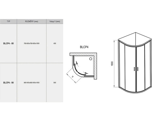 Technický nákres rohového sprchovacieho kúta s rozmermi