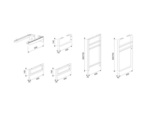 Technický nákres rôznych držiakov na uteráky s rozmermi